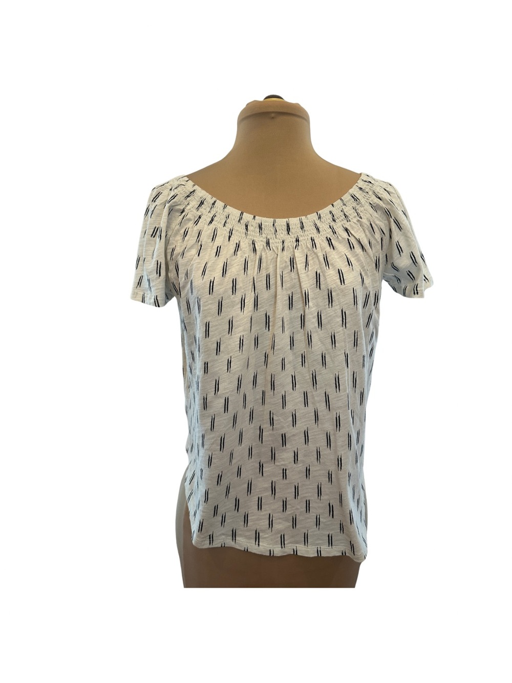LOFT White Short-Sleeve Scoop Neck Top with Navy Dash Pattern - Size XS
